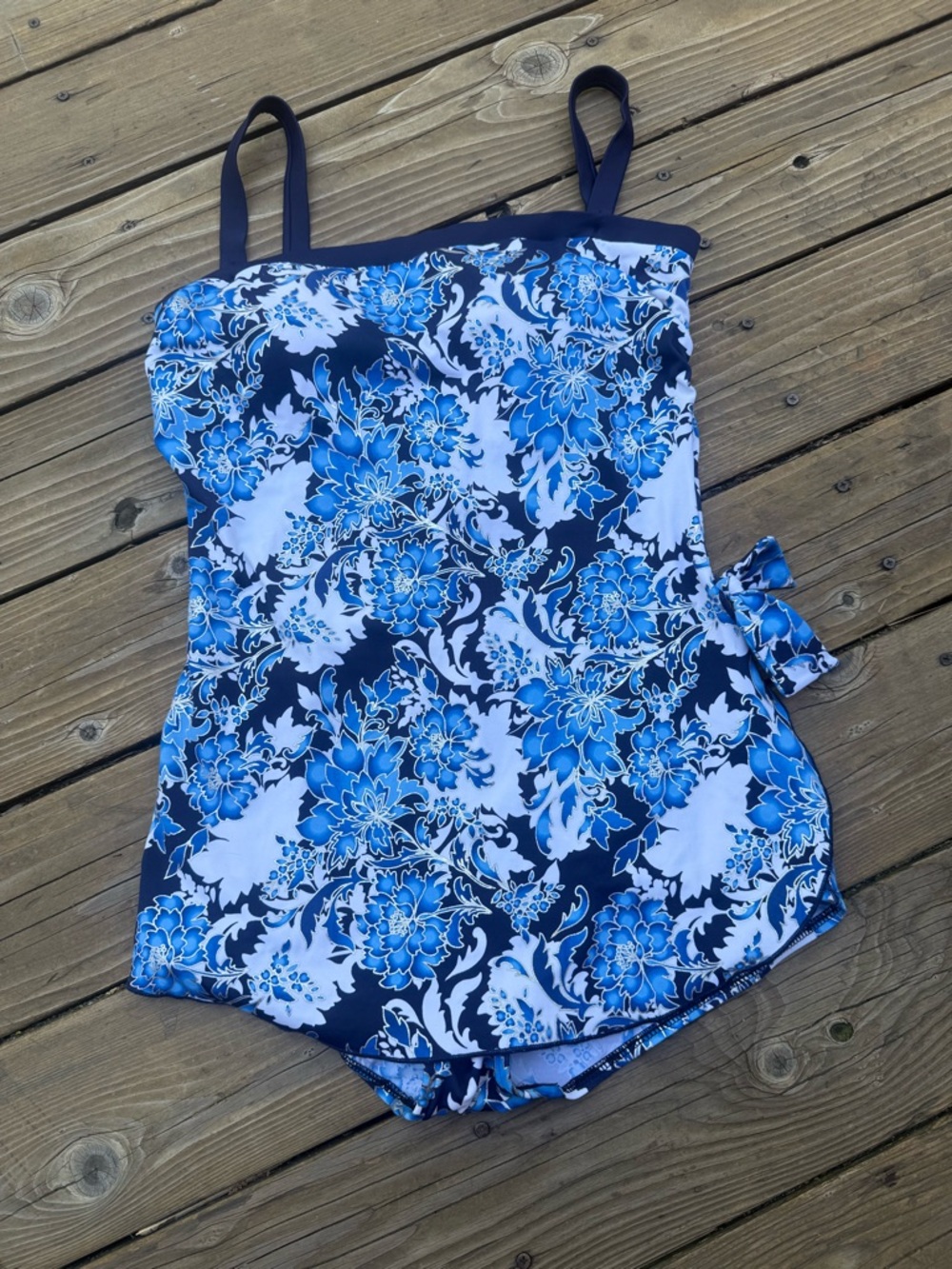 Maxine of Hollywood Blue Floral Navy Trim One-Piece Swimsuit